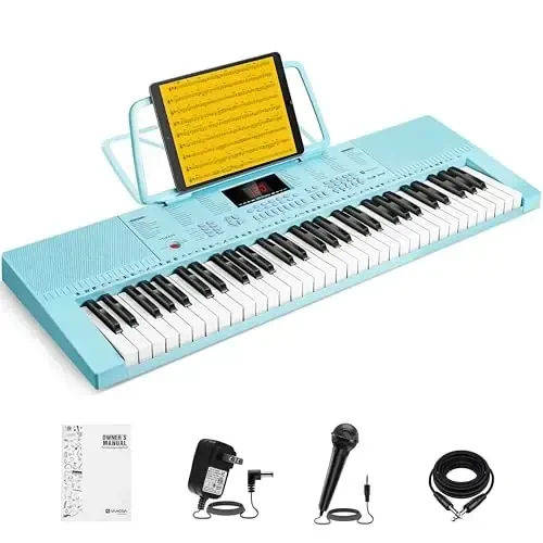 Vangoa VGK610 Piano Keyboard, 61 Mini Keys Portable Music Keyboard for Beginners with Microphone, 3 Teaching Modes, 350 Tones, 350 RhytModazones, 30 Demos, Blue - VANGOA
