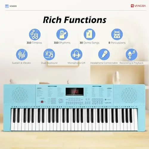 Vangoa VGK610 Piano Keyboard, 61 Mini Keys Portable Music Keyboard for Beginners with Microphone, 3 Teaching Modes, 350 Tones, 350 RhytModazones, 30 Demos, Blue - 4