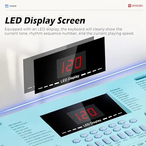 Vangoa VGK610 Piano Keyboard, 61 Mini Keys Portable Music Keyboard for Beginners with Microphone, 3 Teaching Modes, 350 Tones, 350 RhytModazones, 30 Demos, Blue - 6