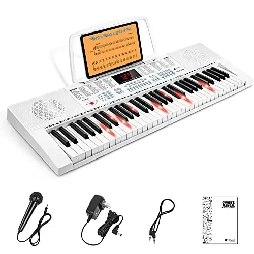Vangoa VGK611 Electric Keyboard for Beginner, 61 Keys Portable Music Keyboard With Mini Lighted Keys, Electronic Piano for Kids, Boy, Girl, White - VANGOA