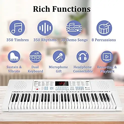 Vangoa VGK611 Boshlovchilar uchun Elektron Klaviatura, 61 Ta Tugmachali Portativ Musiqa Klaviatura Mini Yoritilgan Tugmachalar bilan, Bolalar, O'g'il, Qiz, Oq uchun Elektron Pianino - 3
