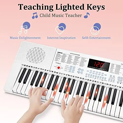 Vangoa VGK611 Boshlovchilar uchun Elektron Klaviatura, 61 Ta Tugmachali Portativ Musiqa Klaviatura Mini Yoritilgan Tugmachalar bilan, Bolalar, O'g'il, Qiz, Oq uchun Elektron Pianino - 4