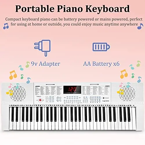 Vangoa VGK611 Boshlovchilar uchun Elektron Klaviatura, 61 Ta Tugmachali Portativ Musiqa Klaviatura Mini Yoritilgan Tugmachalar bilan, Bolalar, O'g'il, Qiz, Oq uchun Elektron Pianino - 5