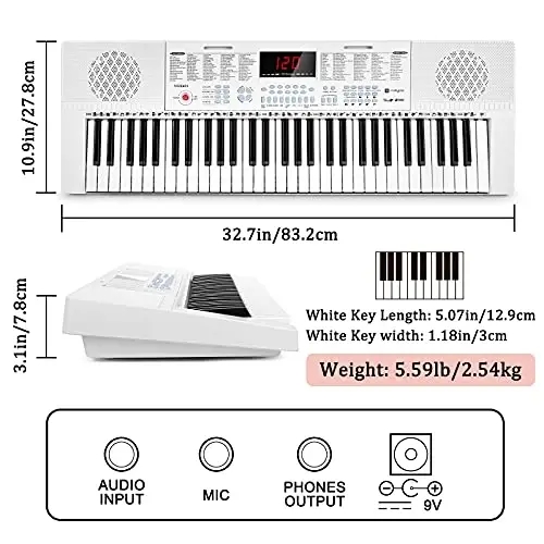 Vangoa VGK611 Boshlovchilar uchun Elektron Klaviatura, 61 Ta Tugmachali Portativ Musiqa Klaviatura Mini Yoritilgan Tugmachalar bilan, Bolalar, O'g'il, Qiz, Oq uchun Elektron Pianino - 6