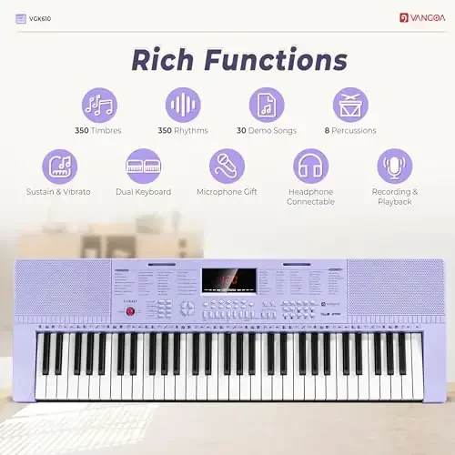 Vangoa VGK611 Boshlovchilar uchun pianino klaviaturasi, 61 tugmali elektr klaviatura pianinosi Mini yoritilgan tugmachali portativ musiqa klaviaturasi, Bolalar uchun elektron pianino O'g'il qiz, Binafsha - 3