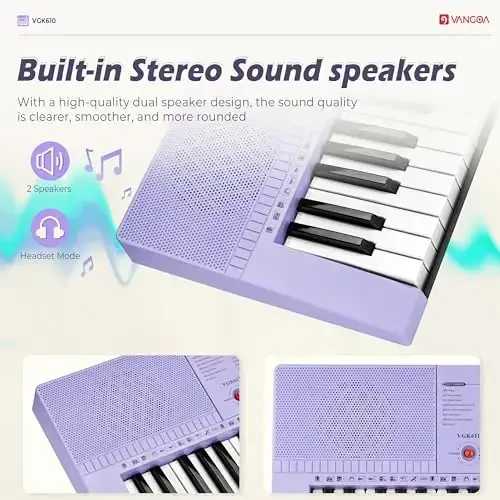 Vangoa VGK611 Boshlovchilar uchun pianino klaviaturasi, 61 tugmali elektr klaviatura pianinosi Mini yoritilgan tugmachali portativ musiqa klaviaturasi, Bolalar uchun elektron pianino O'g'il qiz, Binafsha - 6