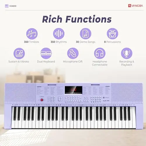 Vangoa VGK611 Piano Keyboard for Beginner, 61 Keys Electric Keyboard Piano Portable Music Keyboard with Mini Lighted Keys, Electronic Piano for Kids Boy Girl, Purple - 3
