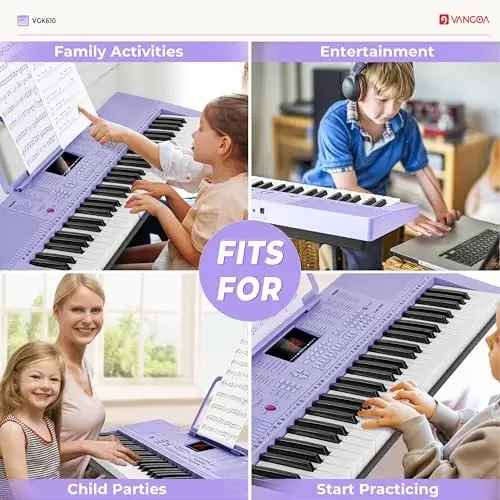 Vangoa VGK611 Piano Keyboard for Beginner, 61 Keys Electric Keyboard Piano Portable Music Keyboard with Mini Lighted Keys, Electronic Piano for Kids Boy Girl, Purple - 5