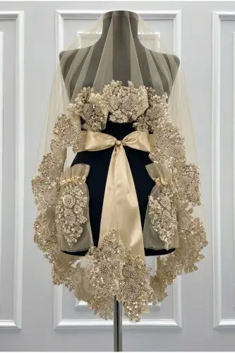 Vanilla Vip Luxury Bridal Veil Set, Appliqué Henna Night Veil Cover 6 Piece Set - Vanilla - 3