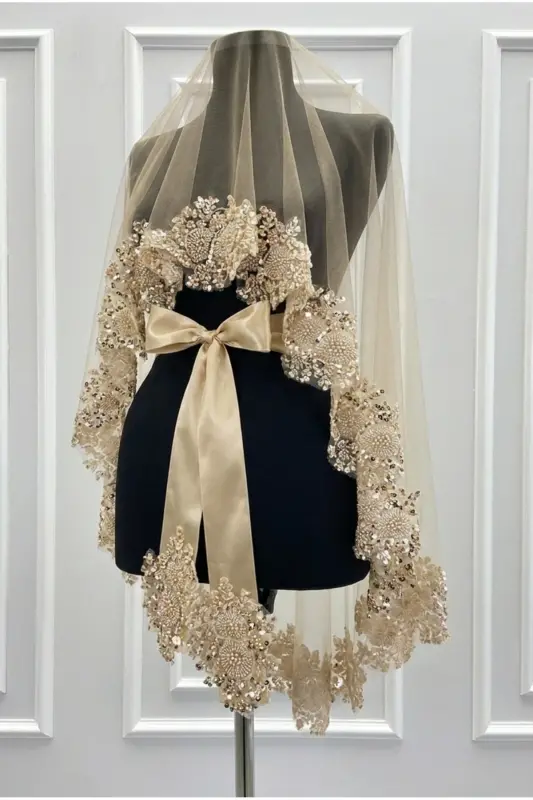 Vanilla Vip Luxury Bridal Veil Set, Appliqué Henna Night Veil Cover 6 Piece Set - Vanilla - 4