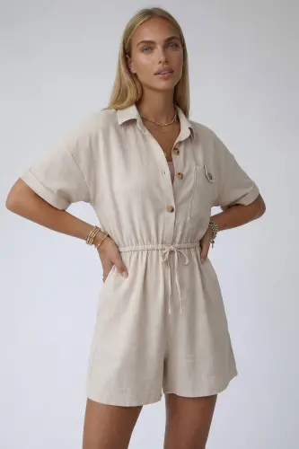 Vanilya Gömlek Yaka Çift Cepli Keten Şort Tulum-VANİLYA - TREND ALAÇATI STILI (1)