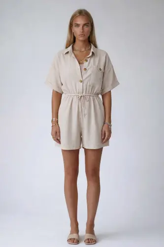 Vanilya Gömlek Yaka Çift Cepli Keten Şort Tulum-VANİLYA - 3