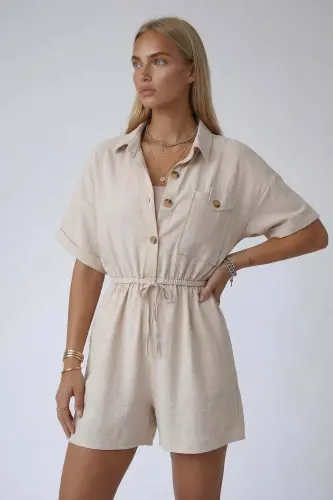 Vanilya Gömlek Yaka Çift Cepli Keten Şort Tulum-VANİLYA - 4