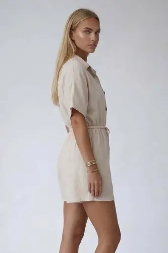 Vanilya Gömlek Yaka Çift Cepli Keten Şort Tulum-VANİLYA - 5