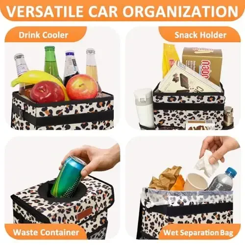 Vankor 3 Gallonli Chiroyli Avtomobil Axlat Qutisi, Ichki Makon uchun Avtomobil Aksessuarlari, Sizmaydigan Axlat Qoplari, Osiladigan Suv o'tkazmaydigan Avtomobil Axlat Qutilari Leopard Bosma Naqsh - 6