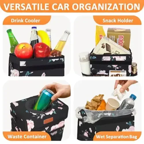 Vankor 3 Gallonli Qopqoqli Avtomobil Axlat Qutisi, Mashina Sumkasi, Osilgan Suv o'tkazmaydigan Avtomobil Chiqindi Qutilari, Sizib Chiqarmaydigan Transport Vositalari uchun Axlat Qutisi Qora Gullar - 6