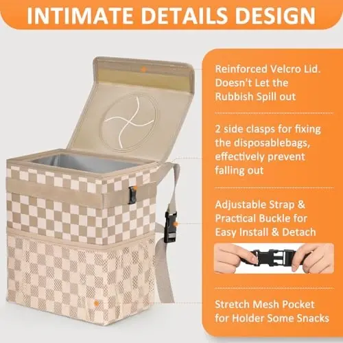Vankor 3 Gallons Car Trash Can with Lid, Bag Bin Hanging Waterproof Automotive Car Garbage Cans Leak Proof Vehicle Trash Can for Truck SUV, Khaki Checkered - 4