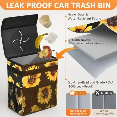 Vankor 3 Gallons Car Trash Can with Lid, Car Bag Bin Hanging Waterproof Automotive Garbage Cans Leak Proof Vehicle Trash Can Sunflower - 3