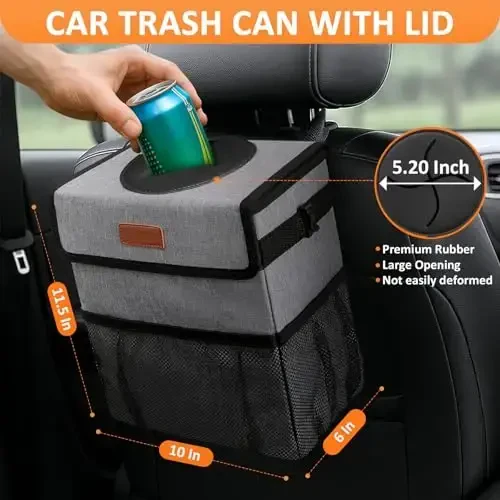 Vankor 3 Gallons Car Trash Can with Lid, Car Trash Bag Bin Hanging Waterproof Automotive Garbage Cans Leak Proof Vehicle Can Grey - VANKOR (1)