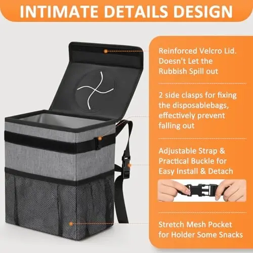 Vankor 3 Gallons Car Trash Can with Lid, Car Trash Bag Bin Hanging Waterproof Automotive Garbage Cans Leak Proof Vehicle Can Grey - 4