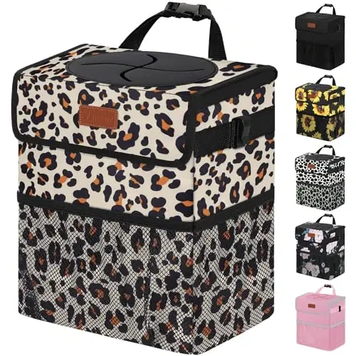 Vankor 3 Gallons Cute Car Trash Can, Car Accessories for Interior Leak Proof Can Trash Bag Hanging Waterproof Automotive Vehicle Garbage Cans Leopard Print Pattern - 1
