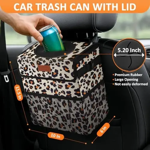 Vankor 3 Gallons Cute Car Trash Can, Car Accessories for Interior Leak Proof Can Trash Bag Hanging Waterproof Automotive Vehicle Garbage Cans Leopard Print Pattern - 2