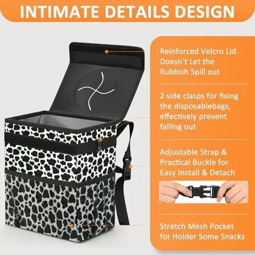 Vankor 3 Gallons Car Trash Can with Lid, Car Bag Bin Hanging Waterproof Automotive Garbage Cans Leak Proof Vehicle Trash Can Cow Print - 4