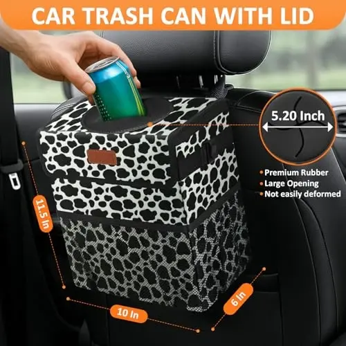 Vankor 3 Gallons Car Trash Can with Lid, Car Bag Bin Hanging Waterproof Automotive Garbage Cans Leak Proof Vehicle Trash Can Cow Print - 2