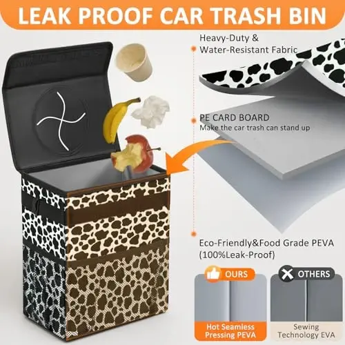 Vankor 3 Gallons Car Trash Can with Lid, Car Bag Bin Hanging Waterproof Automotive Garbage Cans Leak Proof Vehicle Trash Can Cow Print - 3