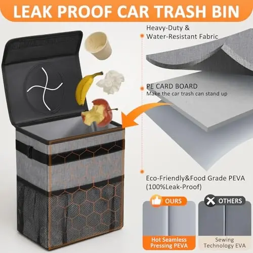Vankor 3 Gallons Car Trash Can with Lid, Car Trash Bag Bin Hanging Waterproof Automotive Garbage Cans Leak Proof Vehicle Can Grey - 3