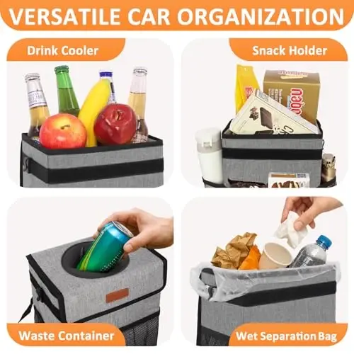 Vankor 3 Gallons Car Trash Can with Lid, Car Trash Bag Bin Hanging Waterproof Automotive Garbage Cans Leak Proof Vehicle Can Grey - VANKOR