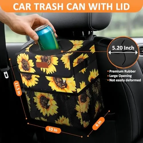 Vankor 3 Gallons Car Trash Can with Lid, Car Bag Bin Hanging Waterproof Automotive Garbage Cans Leak Proof Vehicle Trash Can Sunflower - VANKOR (1)