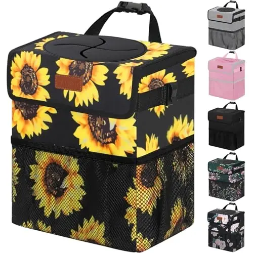 Vankor 3 Gallons Car Trash Can with Lid, Car Bag Bin Hanging Waterproof Automotive Garbage Cans Leak Proof Vehicle Trash Can Sunflower - 1