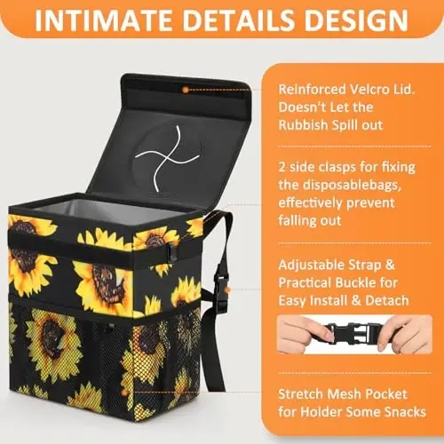Vankor 3 Gallons Car Trash Can with Lid, Car Bag Bin Hanging Waterproof Automotive Garbage Cans Leak Proof Vehicle Trash Can Sunflower - 4