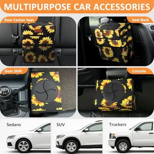 Vankor 3 Gallons Car Trash Can with Lid, Car Bag Bin Hanging Waterproof Automotive Garbage Cans Leak Proof Vehicle Trash Can Sunflower - 5