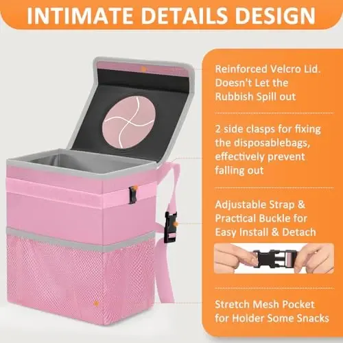 Vankor 3 Gallons Car Trash Can with Lid, Car Trash Bag Bin Hanging Waterproof Automotive Garbage Cans Leak Proof Vehicle Trash Can Pink - 4