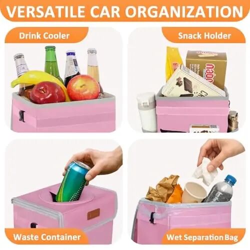 Vankor Car Trash Can with Lid Leak Proof Car Accessories for Women | 3 Gallon Cute Hanging Car Trash Bin for Men Car Truck Vehicle Sedan SUV Interior Automotive Garbage Cans, Pink - 1