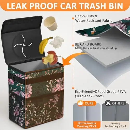 Vankor 3 Gallons Car Trash Can with Lid, Car Trash Bag Bin Hanging Waterproof Automotive Garbage Cans Leak Proof Vehicle Trash Can Navy Floral - 3