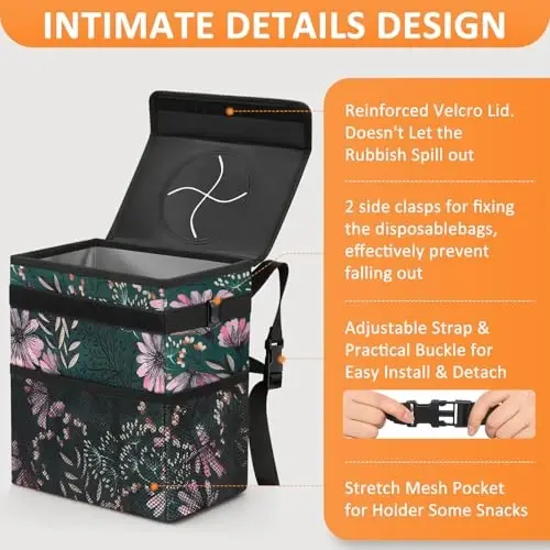 Vankor 3 Gallons Car Trash Can with Lid, Car Trash Bag Bin Hanging Waterproof Automotive Garbage Cans Leak Proof Vehicle Trash Can Navy Floral - 4