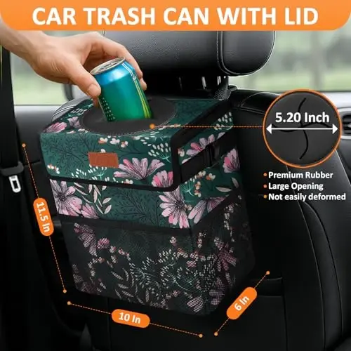 Vankor 3 Gallons Car Trash Can with Lid, Car Trash Bag Bin Hanging Waterproof Automotive Garbage Cans Leak Proof Vehicle Trash Can Navy Floral - VANKOR (1)