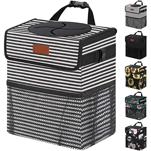 Vankor 3 Gallons Car Trash Can with Lid, Car Trash Bag Bin Hanging Waterproof Automotive Garbage Cans Leak Proof Vehicle Trash Can Stripe 