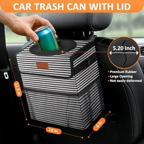 Vankor 3 Gallons Car Trash Can with Lid, Car Trash Bag Bin Hanging Waterproof Automotive Garbage Cans Leak Proof Vehicle Trash Can Stripe - VANKOR (1)