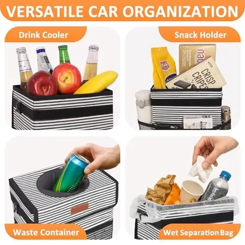Vankor Car Trash Can with Lid Leak Proof Car Accessories for Women | 3 Gallon Cute Hanging Car Trash Bin for Men Car Truck Vehicle Sedan SUV Interior Automotive Garbage Cans, Stripe - 1
