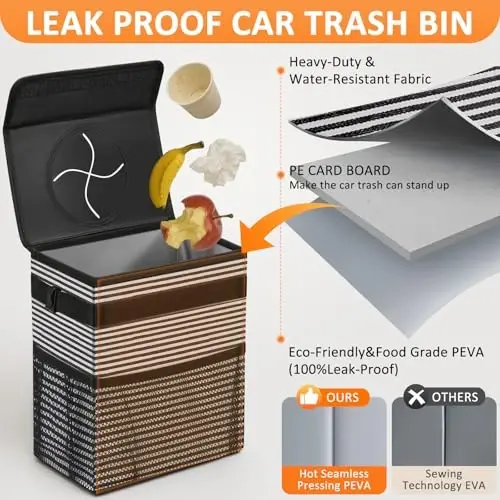Vankor 3 Gallons Car Trash Can with Lid, Car Trash Bag Bin Hanging Waterproof Automotive Garbage Cans Leak Proof Vehicle Trash Can Stripe - 3