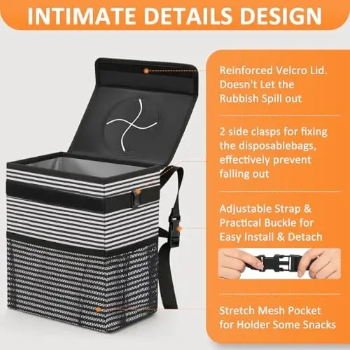 Vankor 3 Gallons Car Trash Can with Lid, Car Trash Bag Bin Hanging Waterproof Automotive Garbage Cans Leak Proof Vehicle Trash Can Stripe - 4