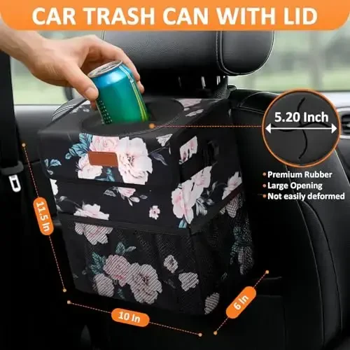 Vankor 3 Gallons Car Trash Can with Lid, Car Bag Bin Hanging Waterproof Automotive Garbage Cans Leak Proof Vehicle Trash Can Black Floral - 2
