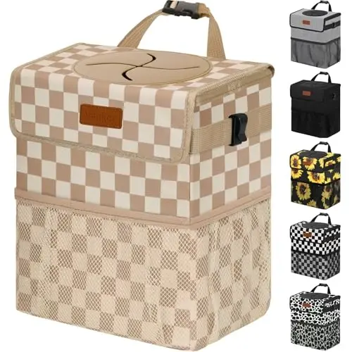 Vankor Car Trash Can with Lid Leak Proof Car Accessories for Women | 3 Gallon Cute Hanging Car Trash Bin for Men Car Truck Vehicle Interior Automotive Garbage Cans, Khaki Checkered - 1