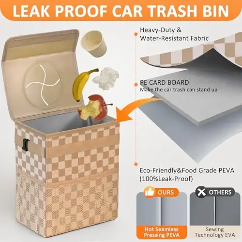 Vankor Car Trash Can with Lid Leak Proof Car Accessories for Women | 3 Gallon Cute Hanging Car Trash Bin for Men Car Truck Vehicle Interior Automotive Garbage Cans, Khaki Checkered - VANKOR (1)