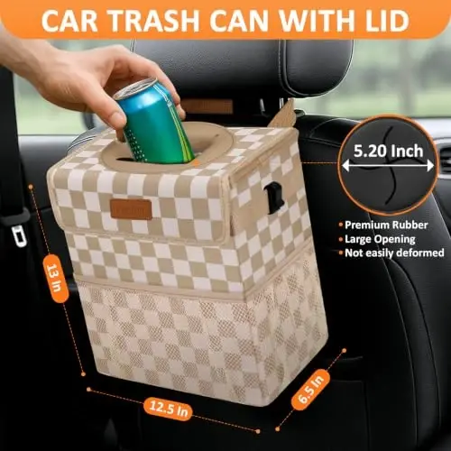 Vankor Car Trash Can with Lid Leak Proof Car Accessories for Women | 3 Gallon Cute Hanging Car Trash Bin for Men Car Truck Vehicle Interior Automotive Garbage Cans, Khaki Checkered - 3