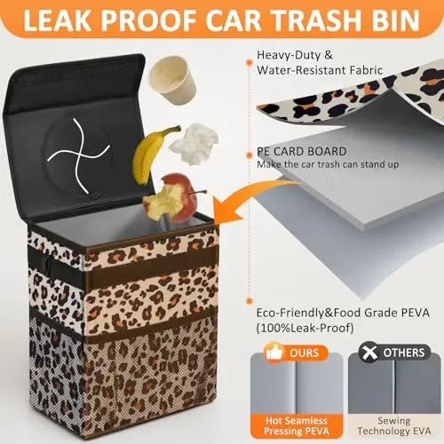 Vankor 3 Gallons Cute Car Trash Can, Car Accessories for Interior Leak Proof Can Trash Bag Hanging Waterproof Automotive Vehicle Garbage Cans Leopard Print Pattern - 3